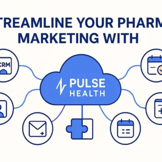 A 2:1 banner with headline text “Streamline Your Pharma Marketing With” above a Pulse Health cloud hub connected to six marketing integration icons, all on a clean white background.