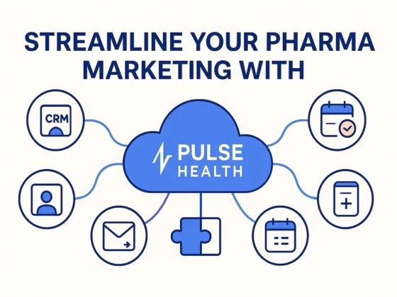 A 2:1 banner with headline text “Streamline Your Pharma Marketing With” above a Pulse Health cloud hub connected to six marketing integration icons, all on a clean white background.