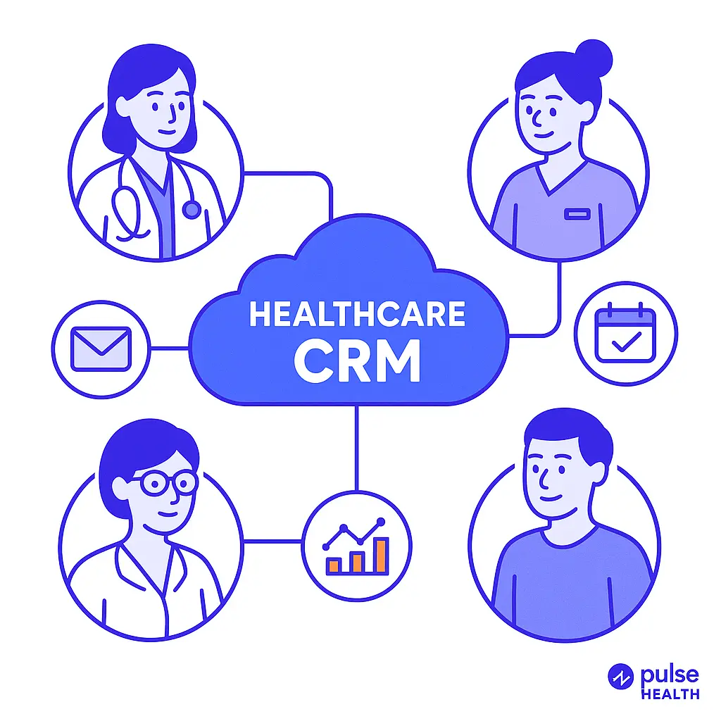 Illustration of a cloud labeled “Healthcare CRM” connected to a doctor, nurse, admin, and patient with icons for email, calendar, and analytics.