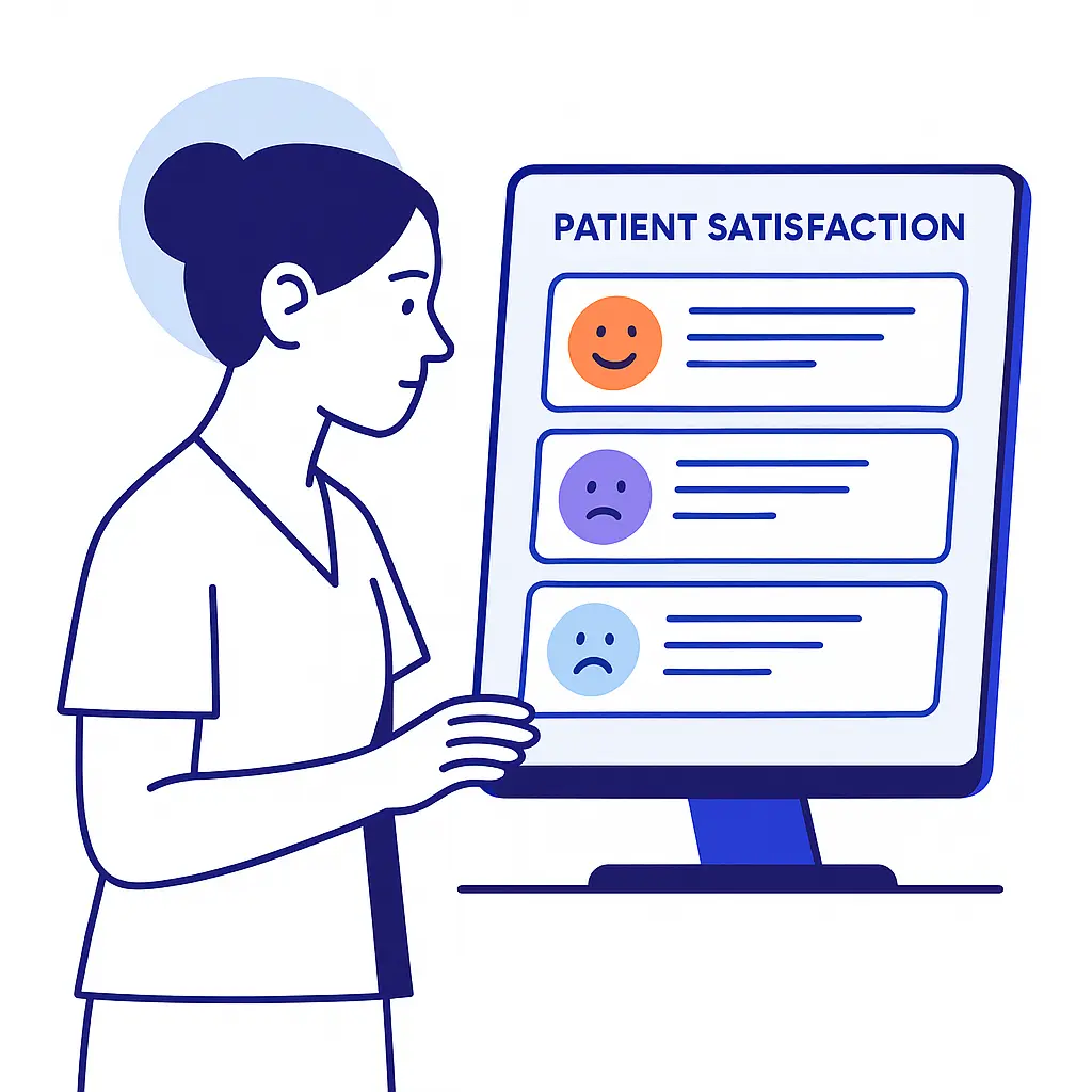 Illustration of a nurse reviewing a CRM screen with feedback cards labeled by happy, neutral, and sad face icons.
