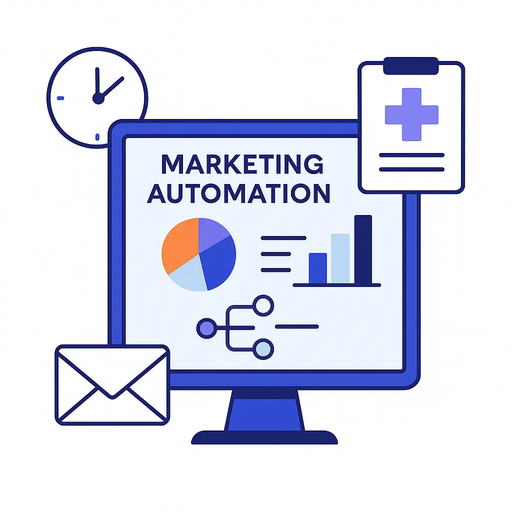 Illustration of a computer screen displaying marketing automation tools with icons for pie chart, bar graph, flowchart, email, clock, and clipboard.