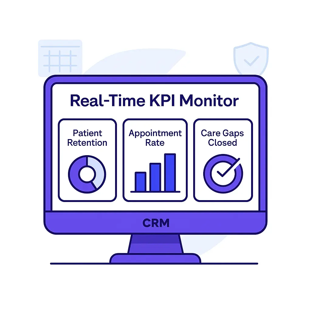 Illustration of a CRM dashboard labeled “Real-Time KPI Monitor” showing metrics for Patient Retention, Appointment Rate, and Care Gaps Closed.