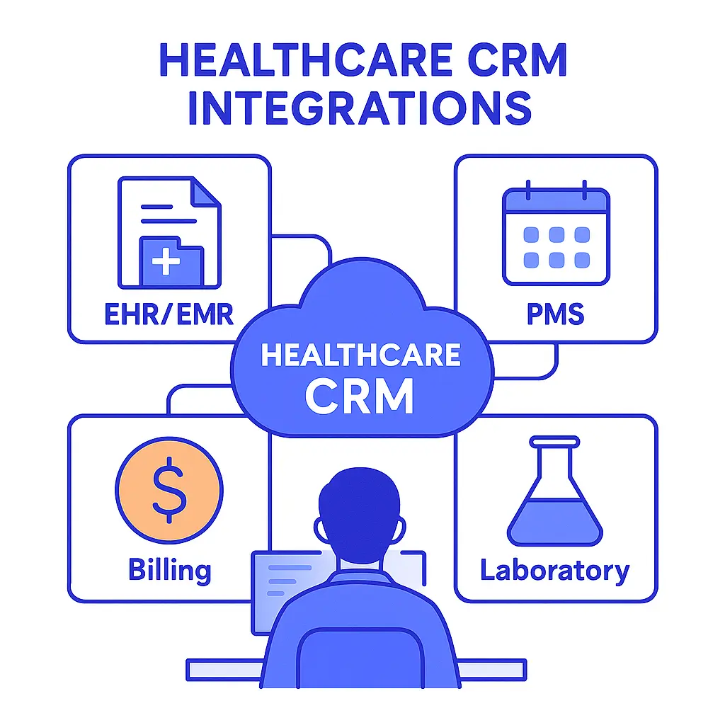 Illustration of a cloud labeled “Healthcare CRM” connected to four boxes labeled EHR/EMR, PMS, Billing, and Laboratory.