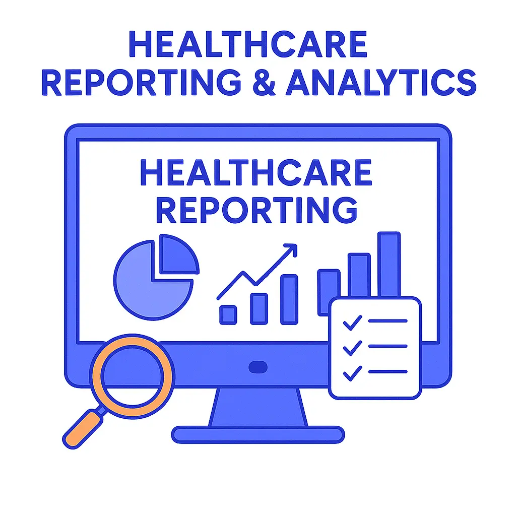 Illustration of a computer monitor displaying healthcare reporting tools with pie chart, bar graph, magnifying glass, and checklist icons.