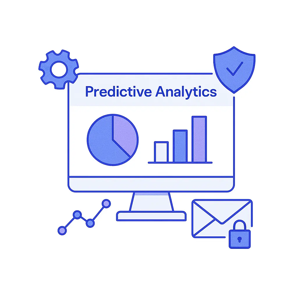 Illustration of a CRM dashboard labeled “Predictive Analytics” with pie chart, bar graph, shield, gear, and secure email icons.