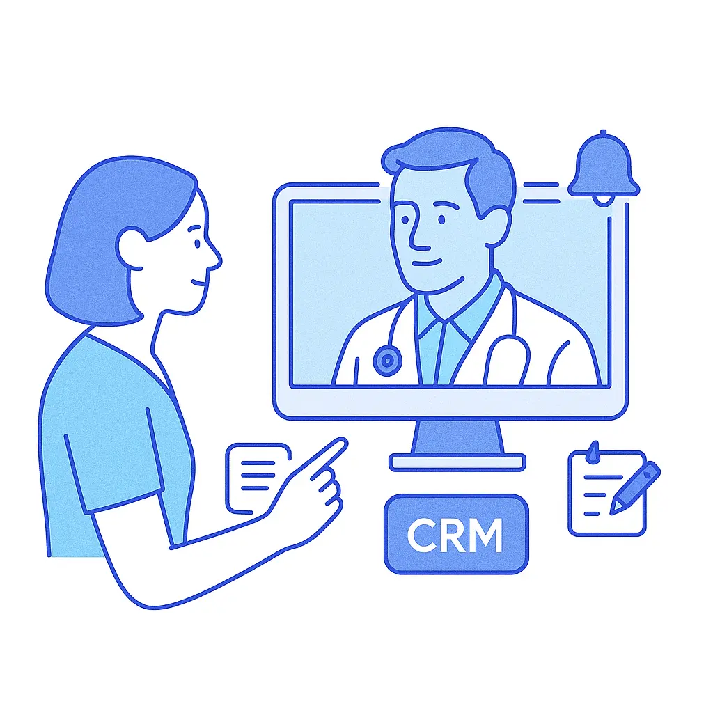 Illustration of a patient and doctor in a telehealth session with CRM interface and note-taking icons.
