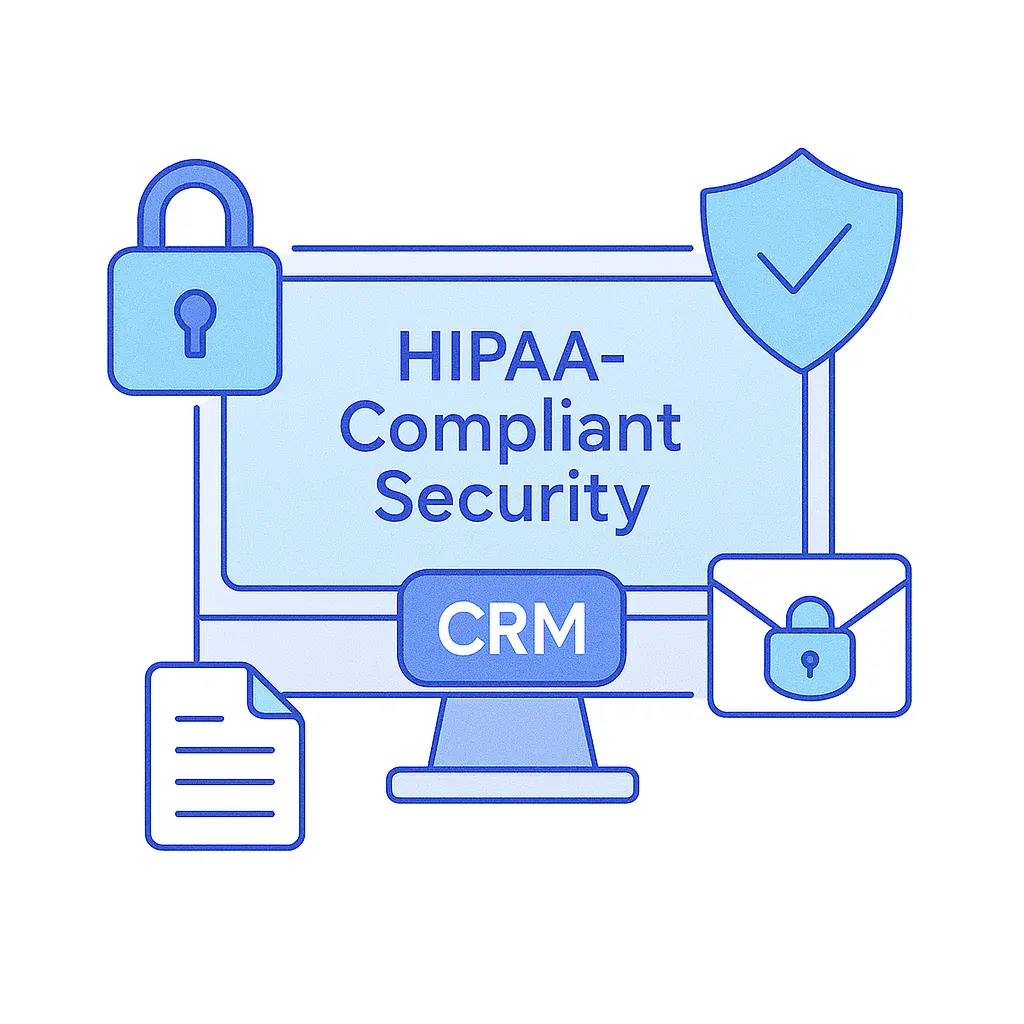 Illustration of a CRM monitor displaying “HIPAA-Compliant Security” surrounded by icons of a shield, padlock, and secured email.