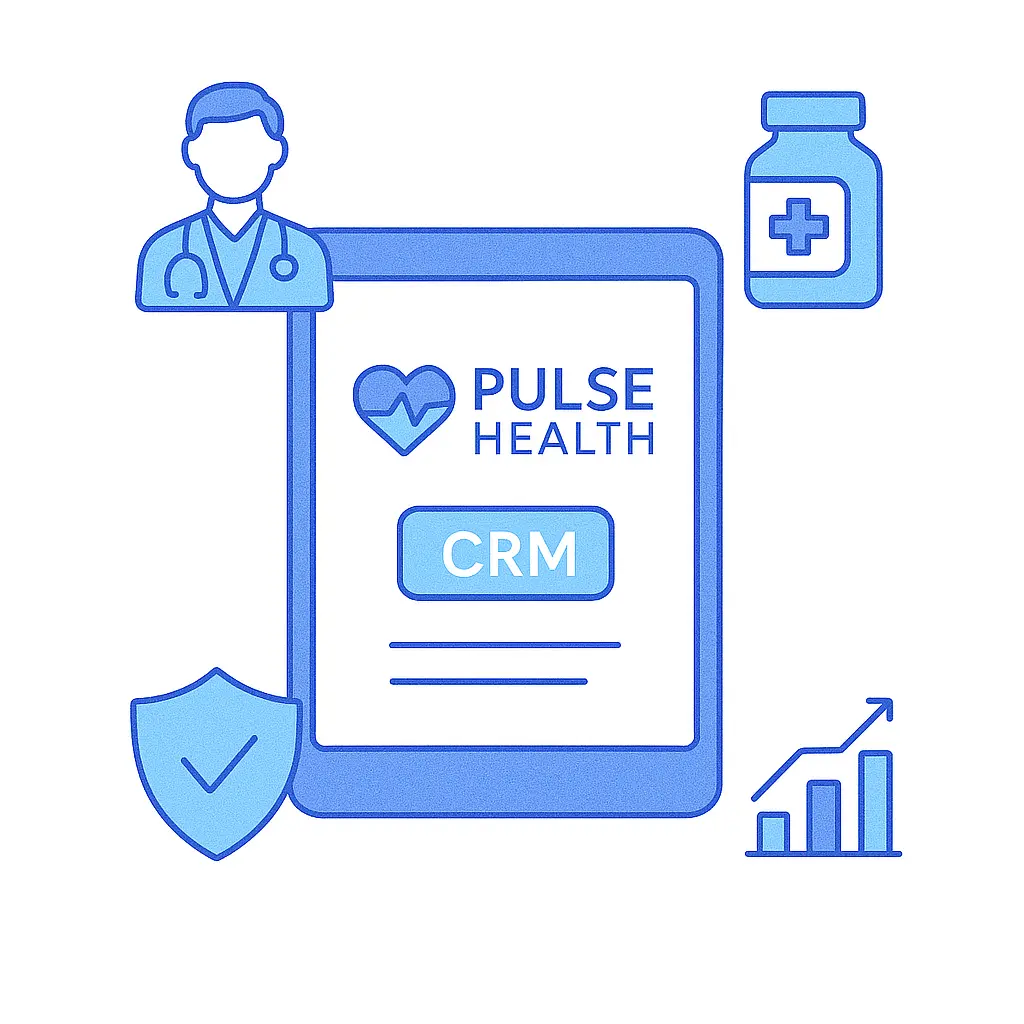Illustration of a tablet displaying the Pulse Health CRM login screen with logo, surrounded by icons for provider, medicine, security, and analytics.