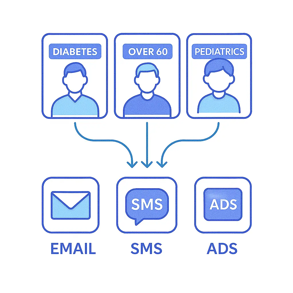 Illustration of segmented patient cards labeled Diabetes, Over 60, and Pediatrics with arrows connecting to email, SMS, and ad icons.