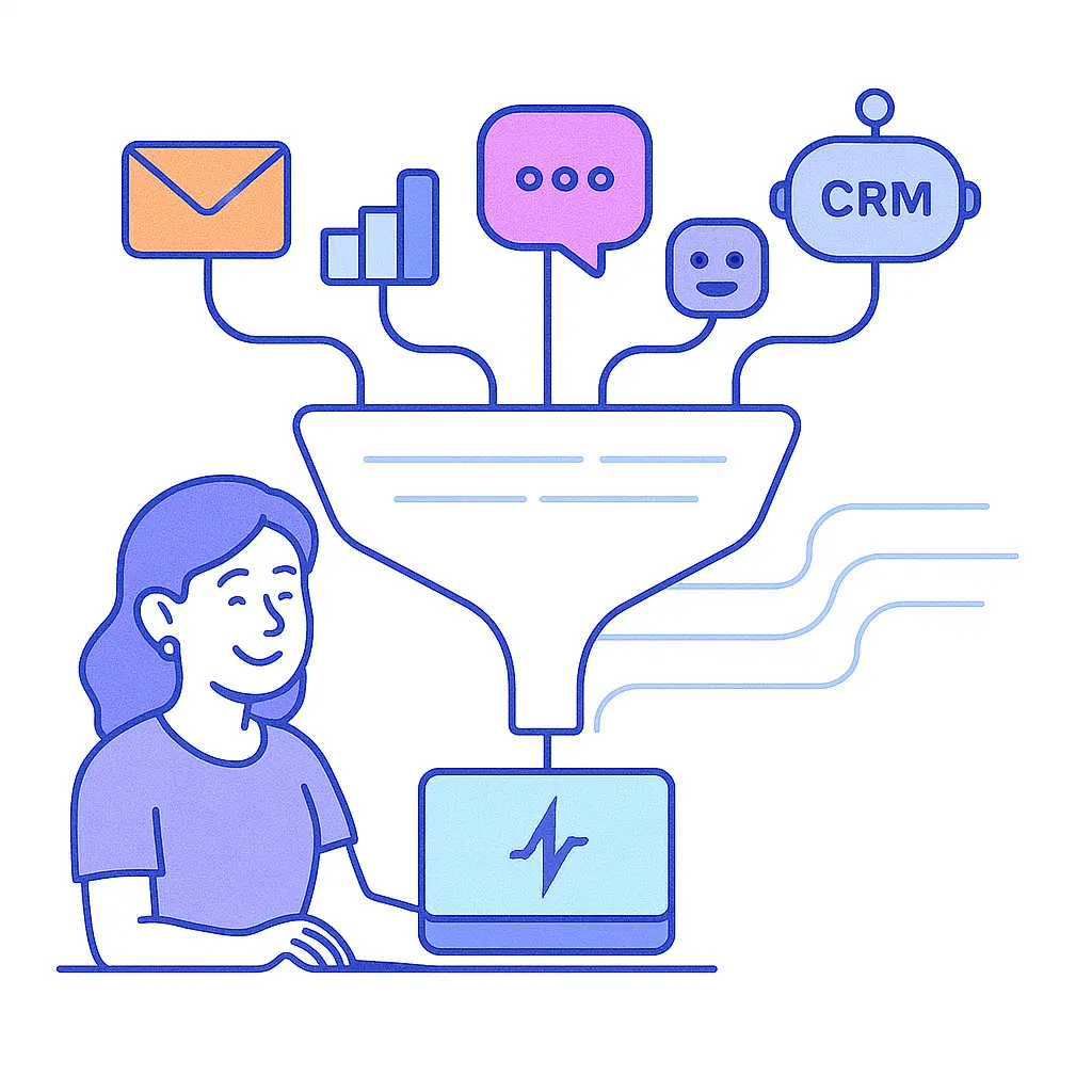 Illustration of a marketing funnel with five icons representing tools like CRM, email, chatbot, and analytics flowing into a Pulse Health-branded laptop.