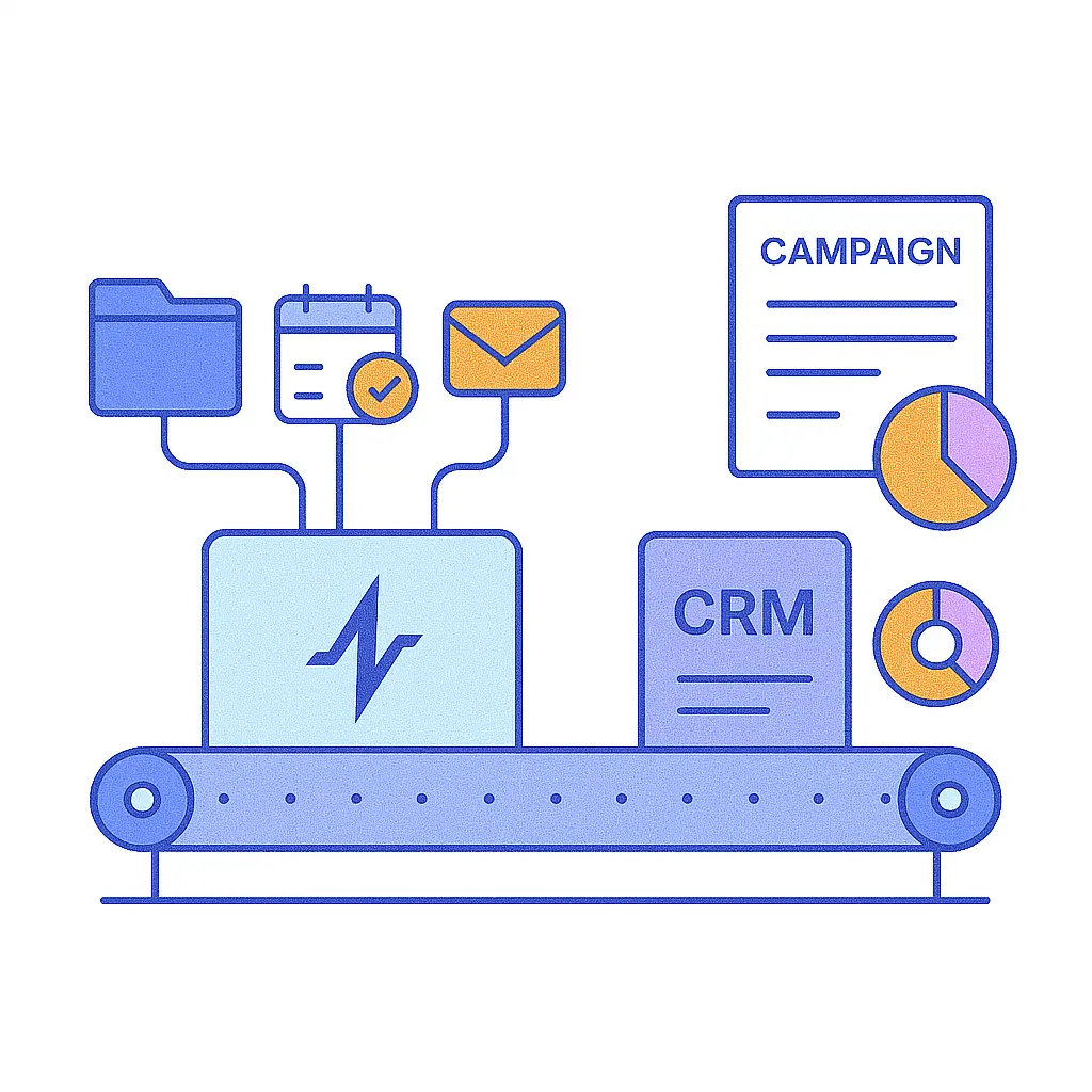 A conveyor belt illustration with input icons flowing through a Pulse Health module and outputting organized CRM and campaign analytics on a clean white background.