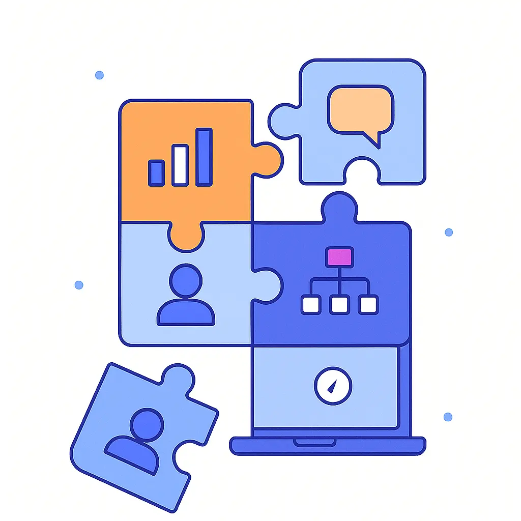 Stylized jigsaw puzzle with five interlocking pieces, each showing icons for communication, analytics, team structure, and user profiles, with a clean white background.
