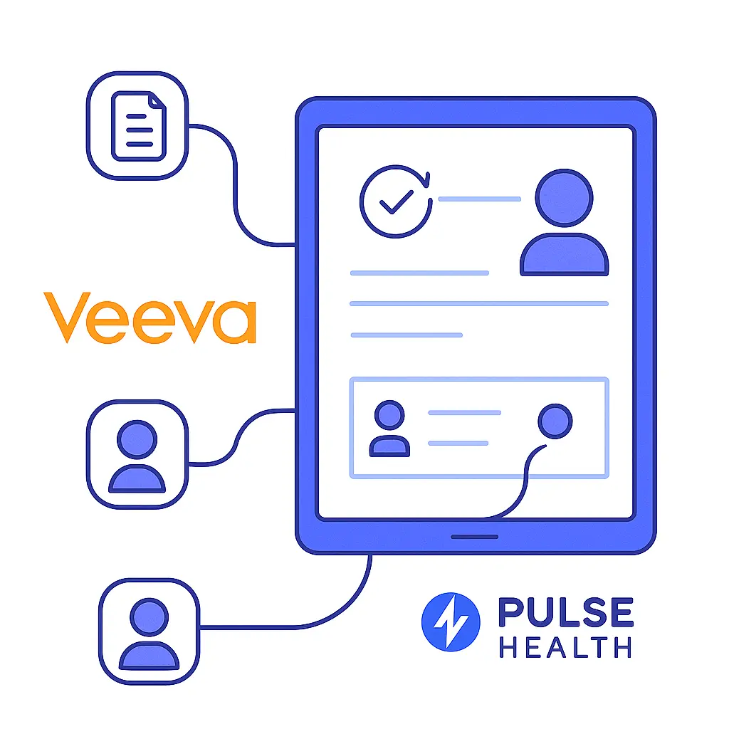 Illustration of a tablet with CRM interface receiving user and document data from the Veeva logo on the left, with checkmark and sync icons included, and the Pulse Health logo on the right.