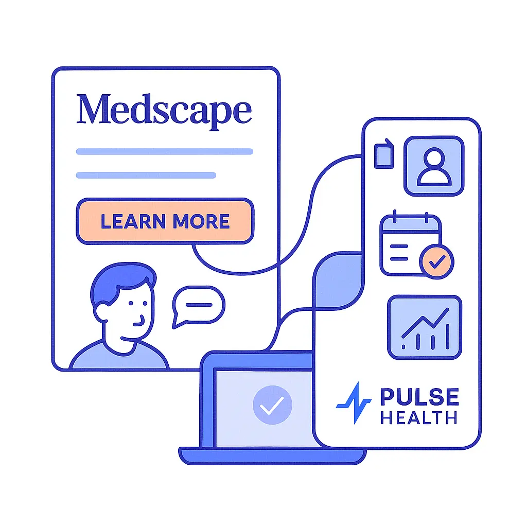 Medscape article with a "Learn More" CTA connects via curved lines to Pulse Health icons for contact, calendar, analytics, and campaign tracking.