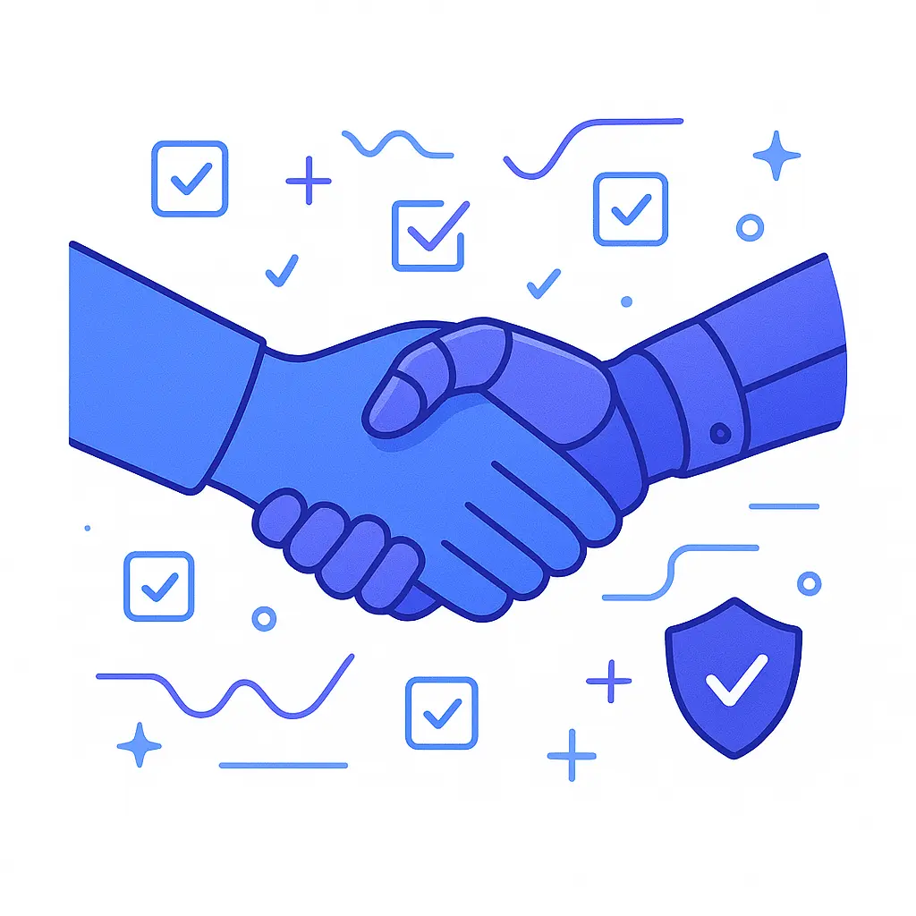 Illustration of a handshake between a human and robotic hand surrounded by checkmarks and shield icons.