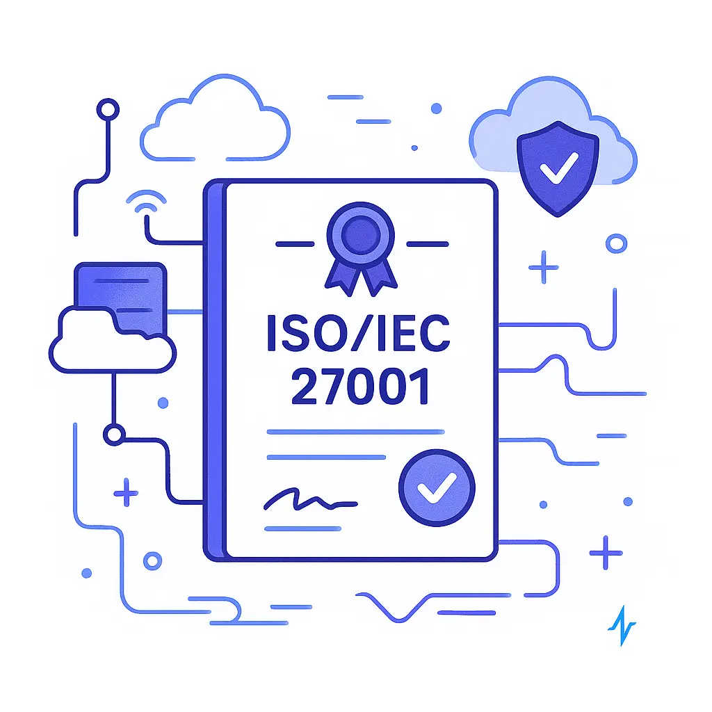 Illustration of a digital certificate labeled ISO/IEC 27001 with cloud and shield icons.