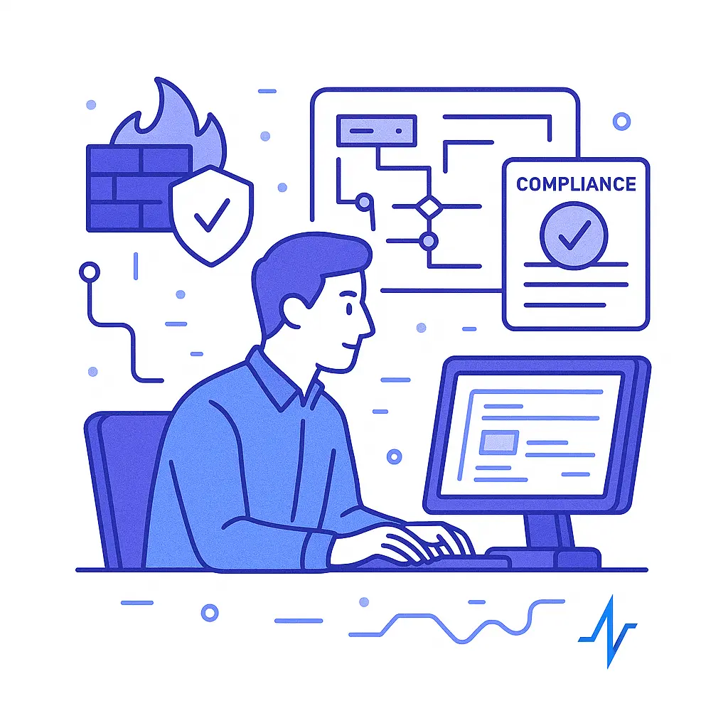 Illustration of a professional at a desk surrounded by compliance diagrams, firewall, and security icons.