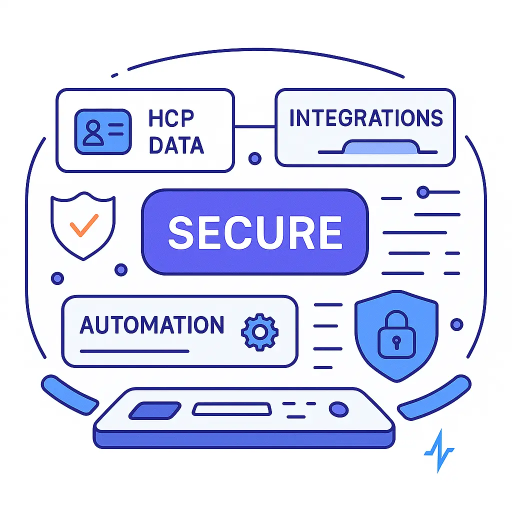 Illustration of a structured digital layout with Secure at the center, surrounded by HCP Data, Integrations, and Automation modules.