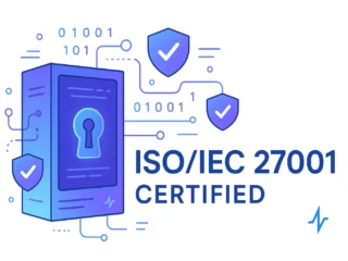 Illustration of a secure data server with a keyhole and floating shield icons indicating ISO/IEC 27001 certification for information security.