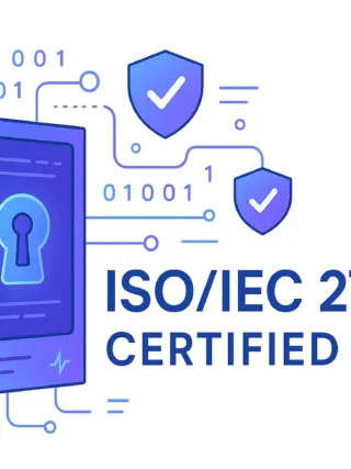 Illustration of a secure data server with a keyhole and floating shield icons indicating ISO/IEC 27001 certification for information security.
