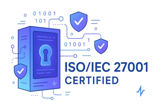 Illustration of a secure data server with a keyhole and floating shield icons indicating ISO/IEC 27001 certification for information security.