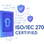 Illustration of a secure data server with a keyhole and floating shield icons indicating ISO/IEC 27001 certification for information security.