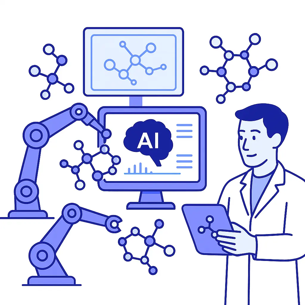 Illustration of a futuristic lab with robotic arms manipulating molecular structures while AI-powered screens display compound data and a scientist reviews findings on a tablet.