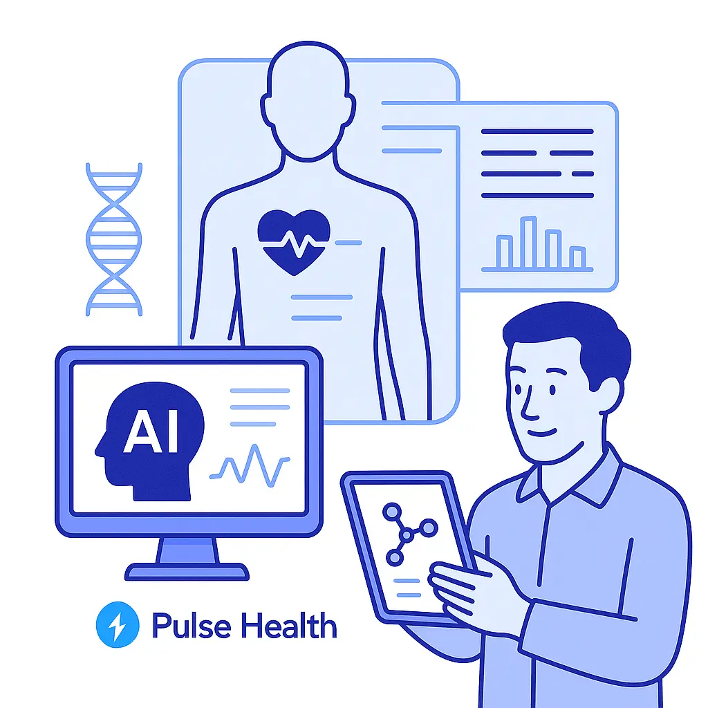 Illustration of a human digital twin surrounded by AI interfaces, health data charts, and a scientist analyzing information on a tablet with Pulse Health branding.