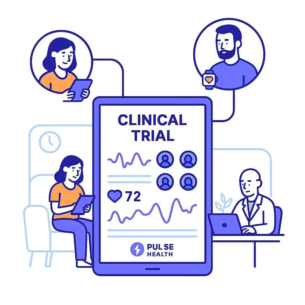 Illustration of a digital tablet displaying a clinical trial dashboard, connected to patients at home and a remote researcher, representing decentralized trials.