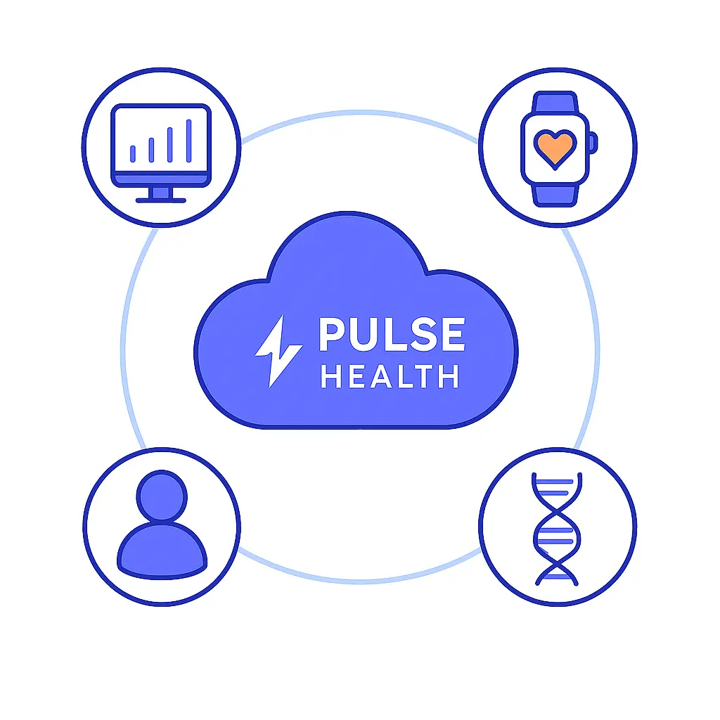 Illustration of a central Pulse Health cloud platform connected to icons representing EHR data, wearables, genomic insights, and patient-reported outcomes.