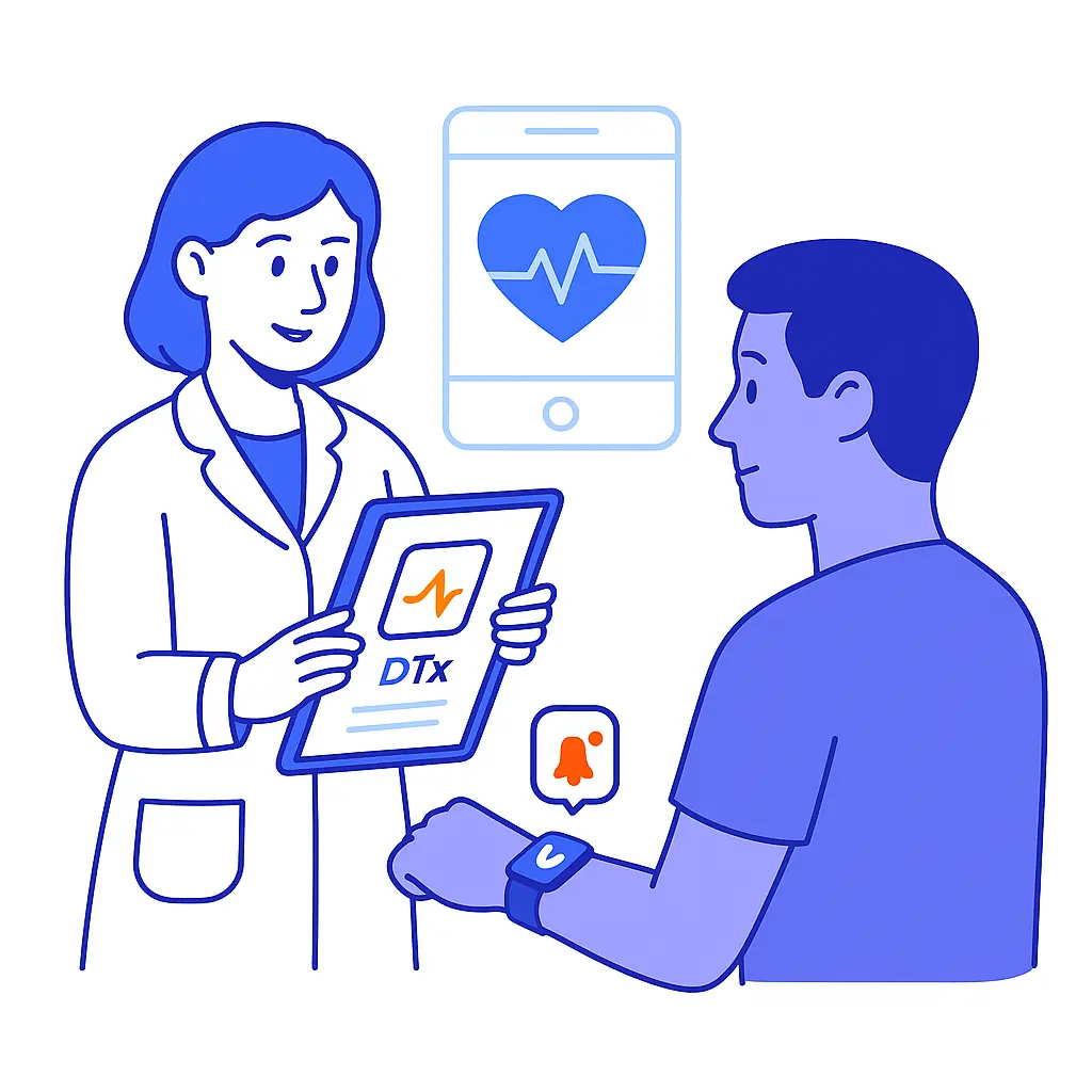 Illustration of a healthcare provider showing a digital therapeutics app to a patient, who responds using a smartwatch and smartphone.