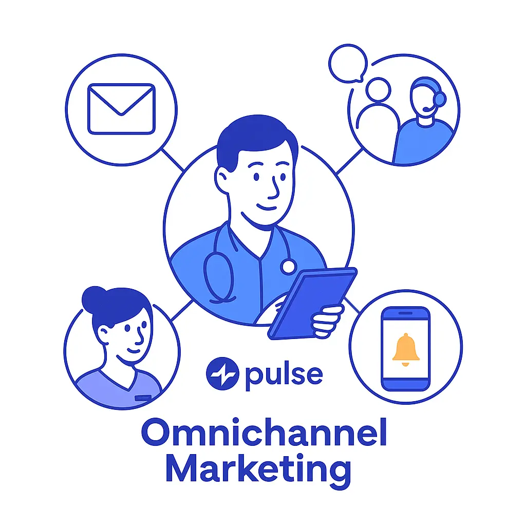 Illustration of a doctor connected to icons representing email, mobile alerts, virtual meetings, and reps, with the Pulse Health logo above the “Omnichannel Marketing” label.