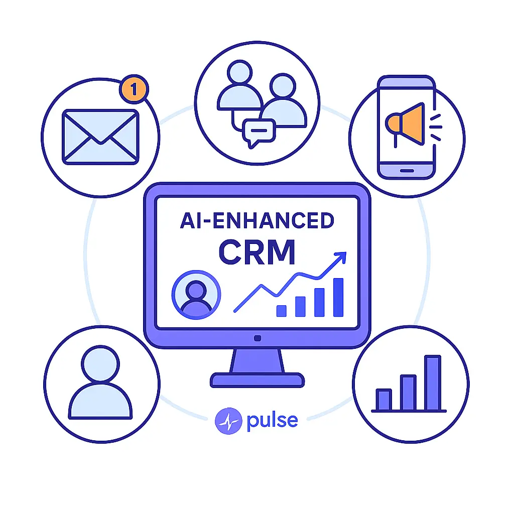Illustration of a computer displaying an AI-powered CRM dashboard with connected icons for messaging, HCP profiles, marketing tools, and analytics, branded with the Pulse Health logo.