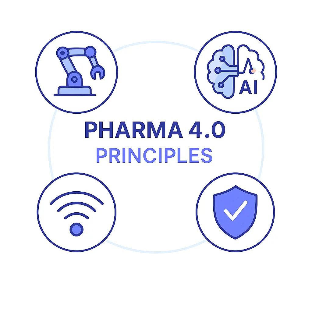 Illustration showing four Pharma 4.0 principles—automation, AI, connectivity, and data integrity—surrounding the text “PHARMA 4.0 PRINCIPLES” with Pulse Health branding.