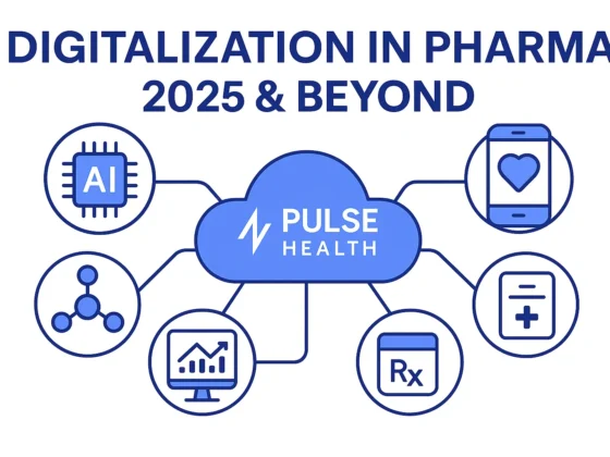 Hero illustration showing “Digitalization in Pharma: 2025 & Beyond” with icons for AI, mobile health, analytics, and Rx data connected to a Pulse Health hub.