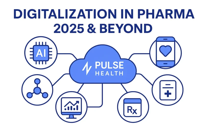Hero illustration showing “Digitalization in Pharma: 2025 & Beyond” with icons for AI, mobile health, analytics, and Rx data connected to a Pulse Health hub.