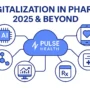 Hero illustration showing “Digitalization in Pharma: 2025 & Beyond” with icons for AI, mobile health, analytics, and Rx data connected to a Pulse Health hub.
