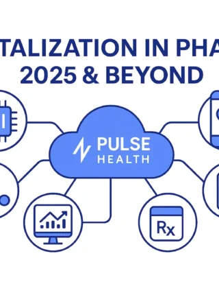 Hero illustration showing “Digitalization in Pharma: 2025 & Beyond” with icons for AI, mobile health, analytics, and Rx data connected to a Pulse Health hub.