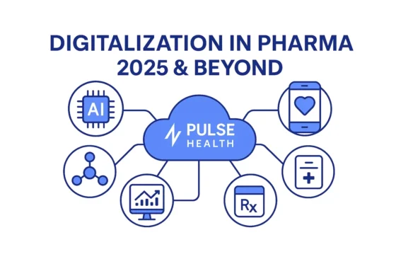 Hero illustration showing “Digitalization in Pharma: 2025 & Beyond” with icons for AI, mobile health, analytics, and Rx data connected to a Pulse Health hub.