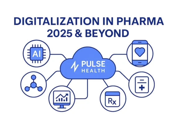 Hero illustration showing “Digitalization in Pharma: 2025 & Beyond” with icons for AI, mobile health, analytics, and Rx data connected to a Pulse Health hub.