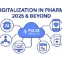 Hero illustration showing “Digitalization in Pharma: 2025 & Beyond” with icons for AI, mobile health, analytics, and Rx data connected to a Pulse Health hub.