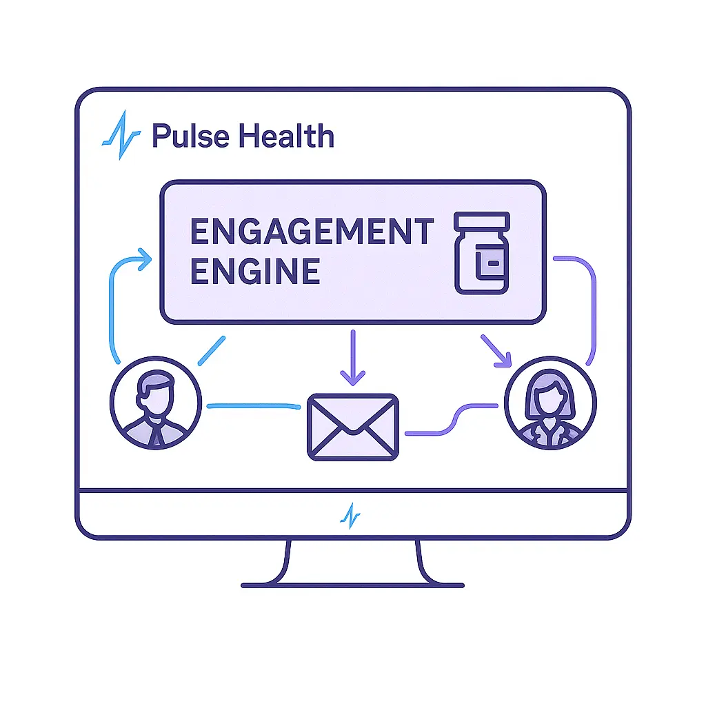 A CRM dashboard labeled “Engagement Engine” with communication lines connecting a pill icon to healthcare provider avatars and a message icon.