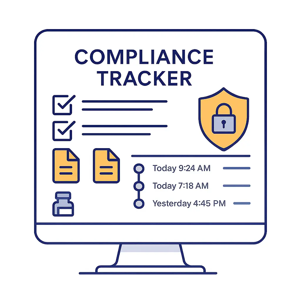 A CRM dashboard labeled “Compliance Tracker” featuring checklists, document icons, timestamps, and a shield with padlock for security.