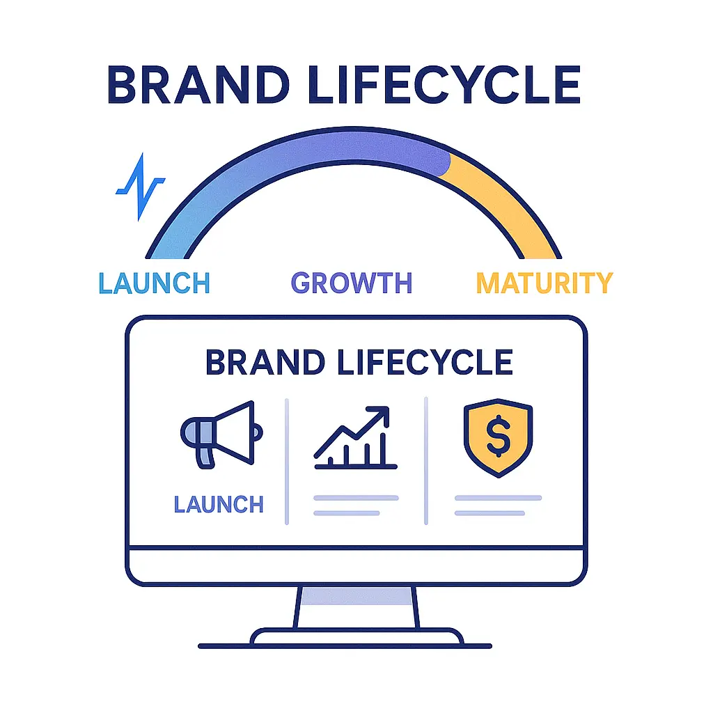 Illustration of a CRM screen labeled “Brand Lifecycle” with an arc above it showing stages: Launch, Growth, and Maturity, each with a corresponding icon.