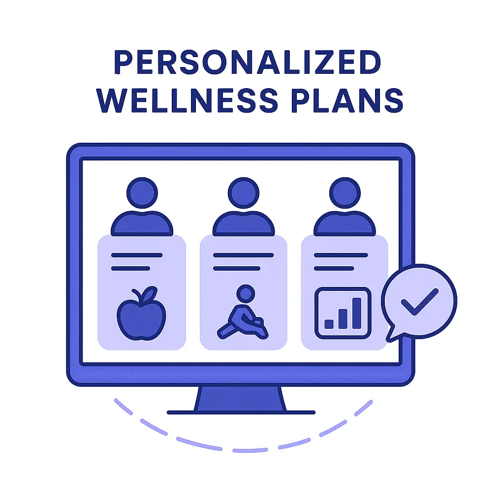 A CRM dashboard showing three user profiles with icons for nutrition, physical activity, and progress tracking, connected by a curved line.