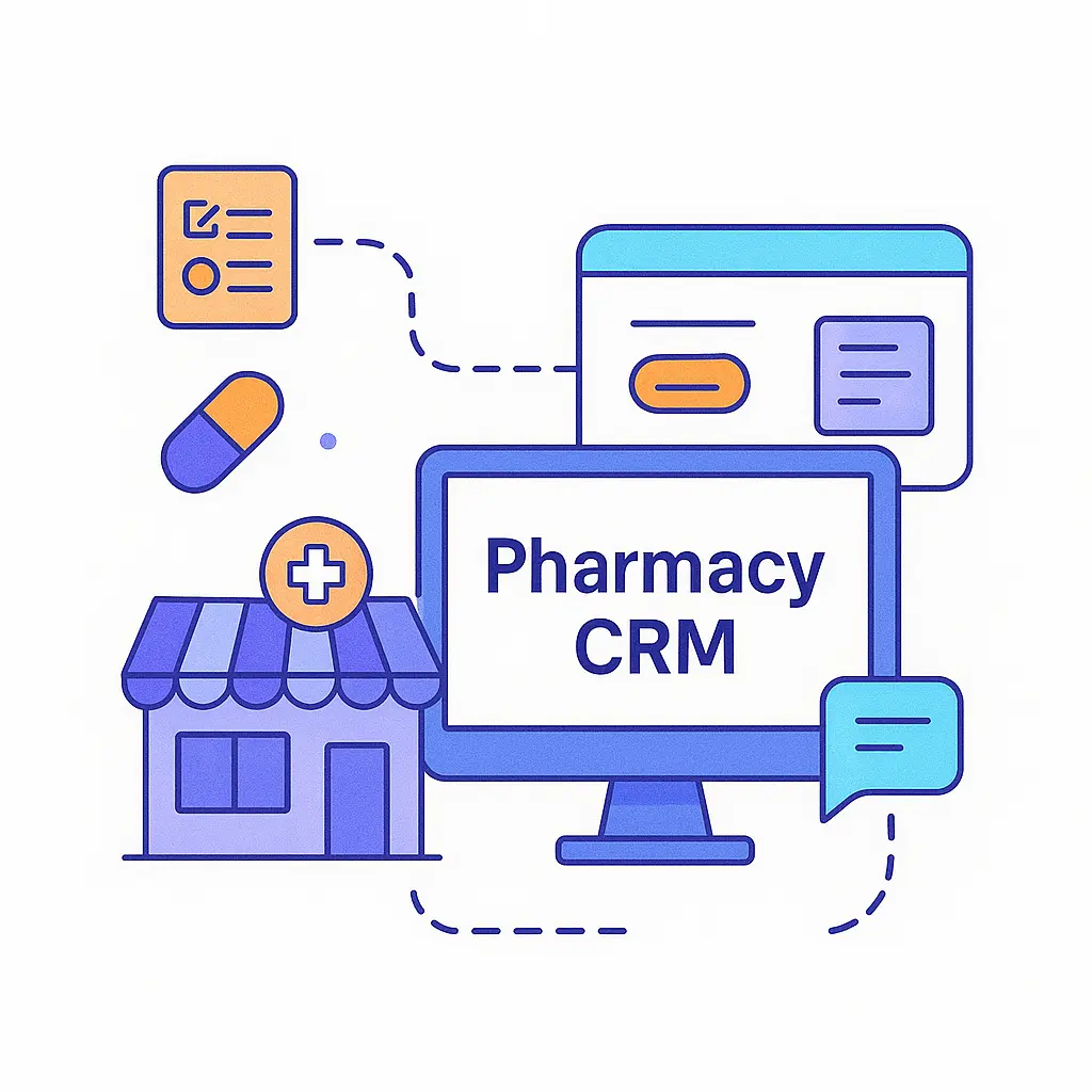 Illustration of a pharmacy connected by dashed lines to a CRM system on a monitor with icons for prescriptions, pills, and messages.