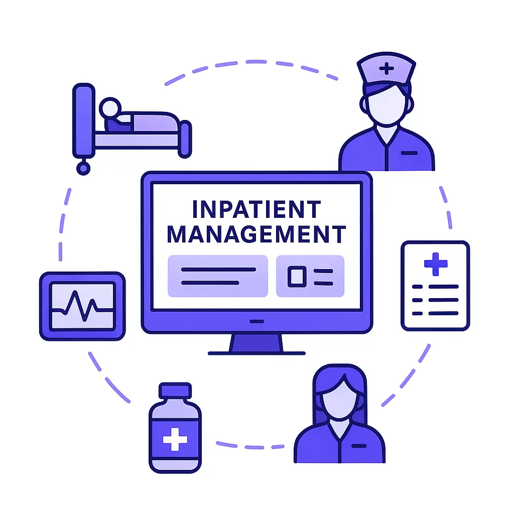 A CRM dashboard labeled “Inpatient Management” surrounded by icons for hospital bed, nurse, vitals monitor, medication, and care plan.
