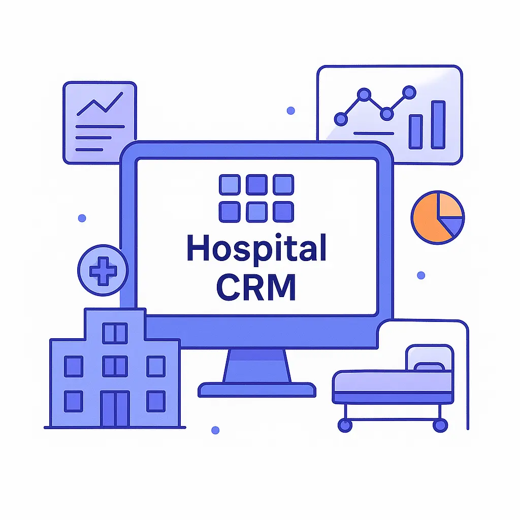 A hospital CRM displayed on a central monitor surrounded by icons of a hospital building, a bed, charts, and data elements in brand colors.