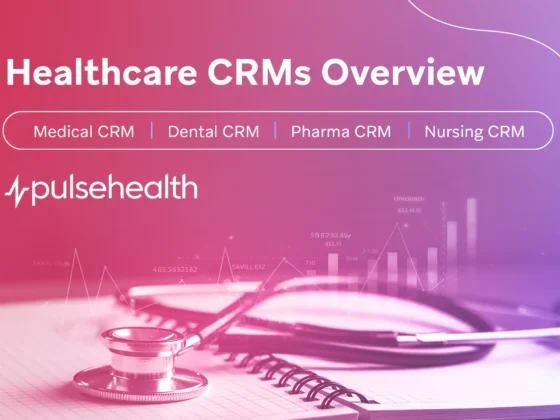 Banner illustration showing a central cloud labeled “Healthcare CRMs” connected to Medical CRM, Nursing CRM, Dental CRM, and Pharma CRM nodes, with Pulse Health logo on the Pharma CRM.