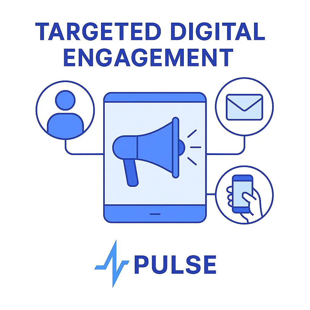 A tablet displaying a megaphone icon is connected to three circular icons representing a user, an email, and a smartphone, with the Pulse Health logo below.